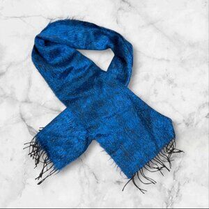 Liberty of London Scarf Teal Blue Black Mohair Wool Fuzzy with Fringe